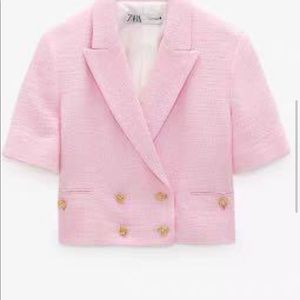 Zara Women's Pink Short-Sleeve Croped Double-Breasted Jacket